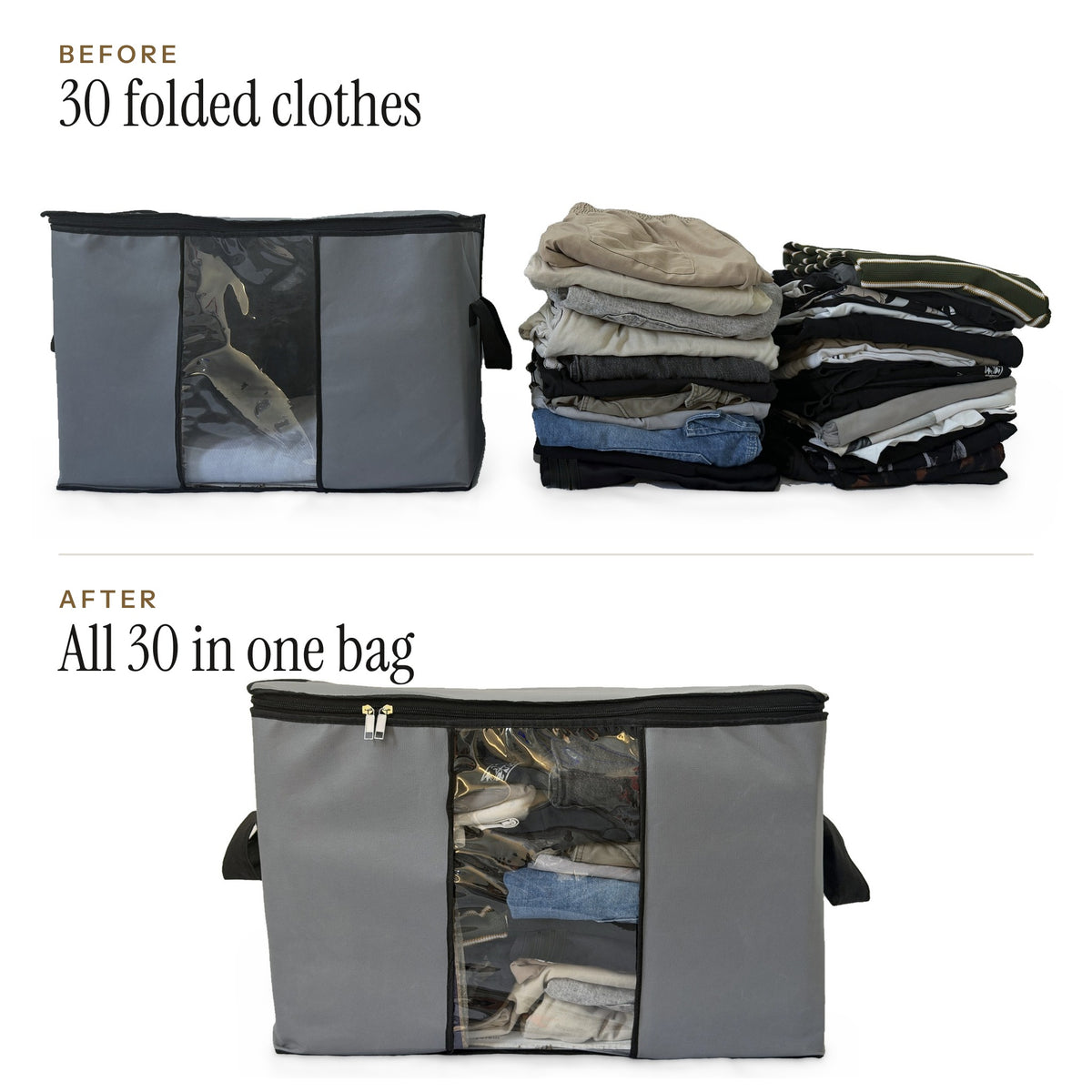 30 folded clothes next to an empty bag, then the same clothes inside one bag
