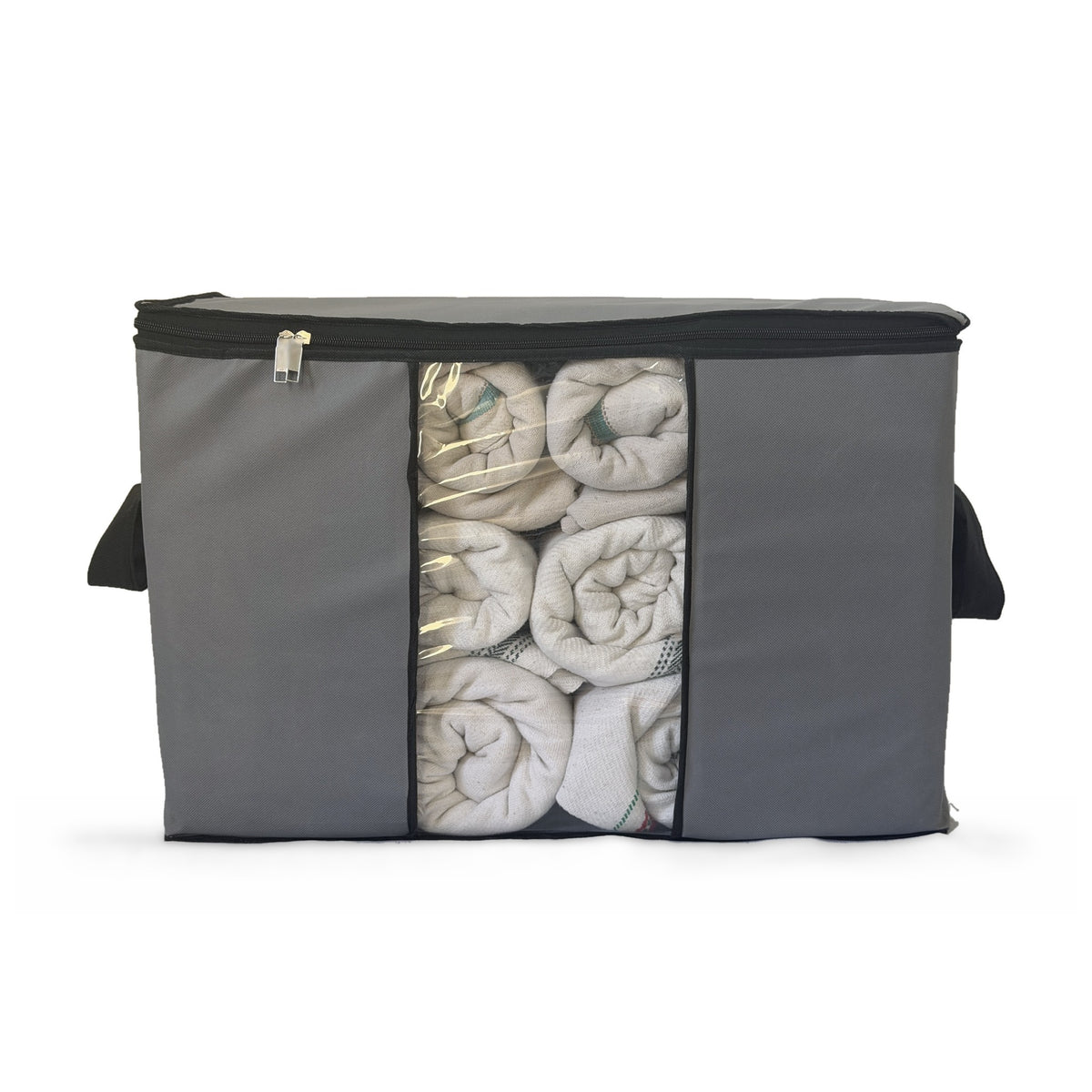 Large grey storage bag, front, window full of rolled sheets