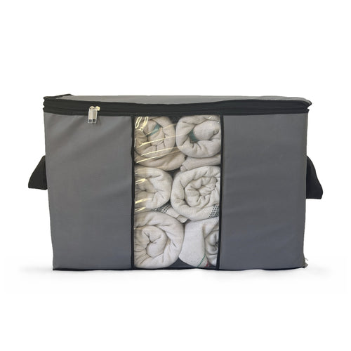 Large grey storage bag, front, window full of rolled sheets