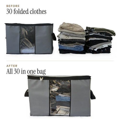 30 folded clothes next to an empty bag, then the same clothes inside one bag