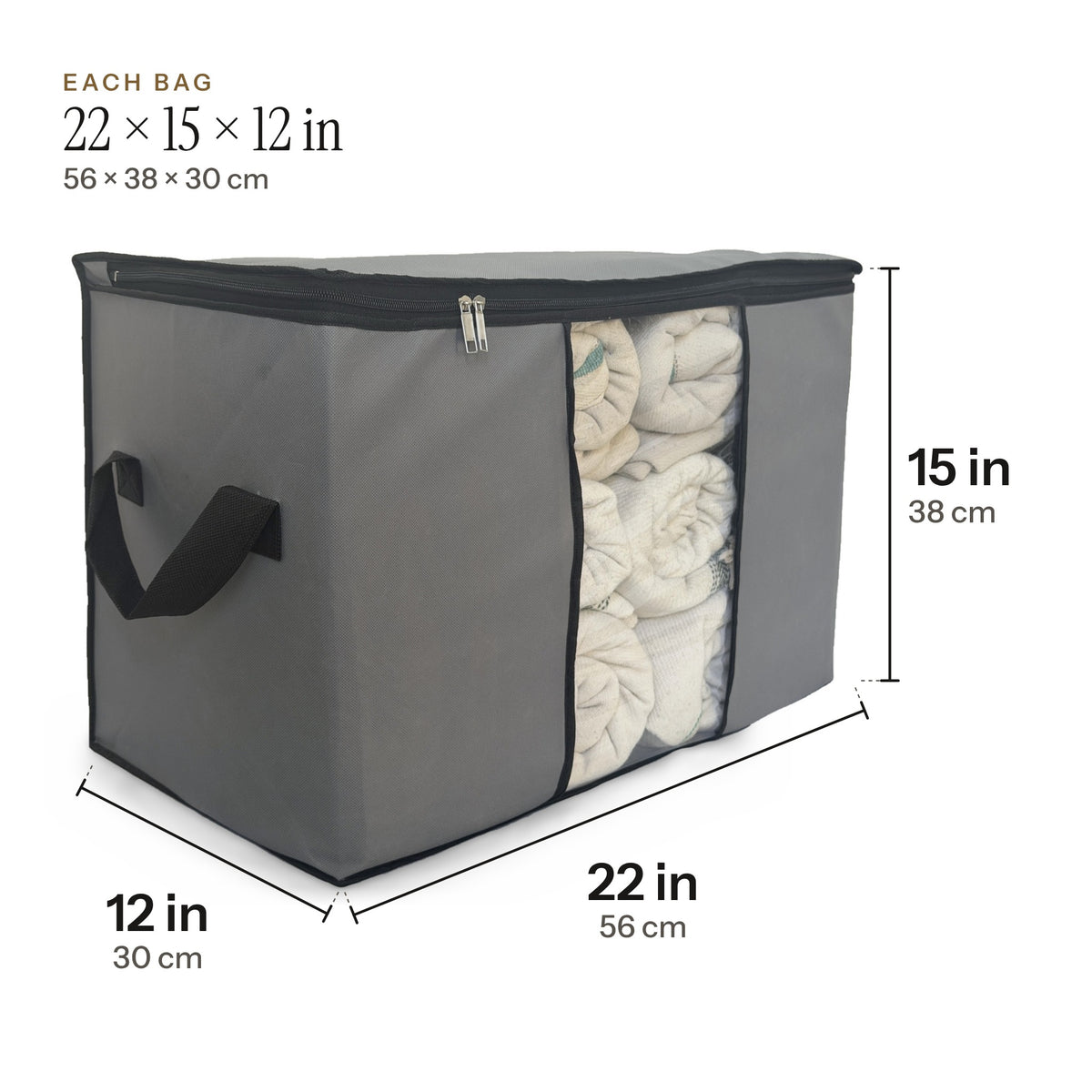 Storage bag with its size marked: 22 × 15 × 12 inches
